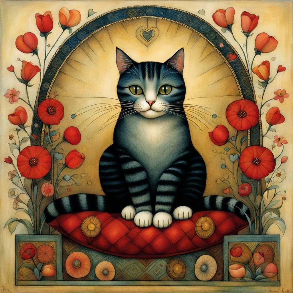 Cat on Pillow Surrounded by Flowers: Surreal Art
