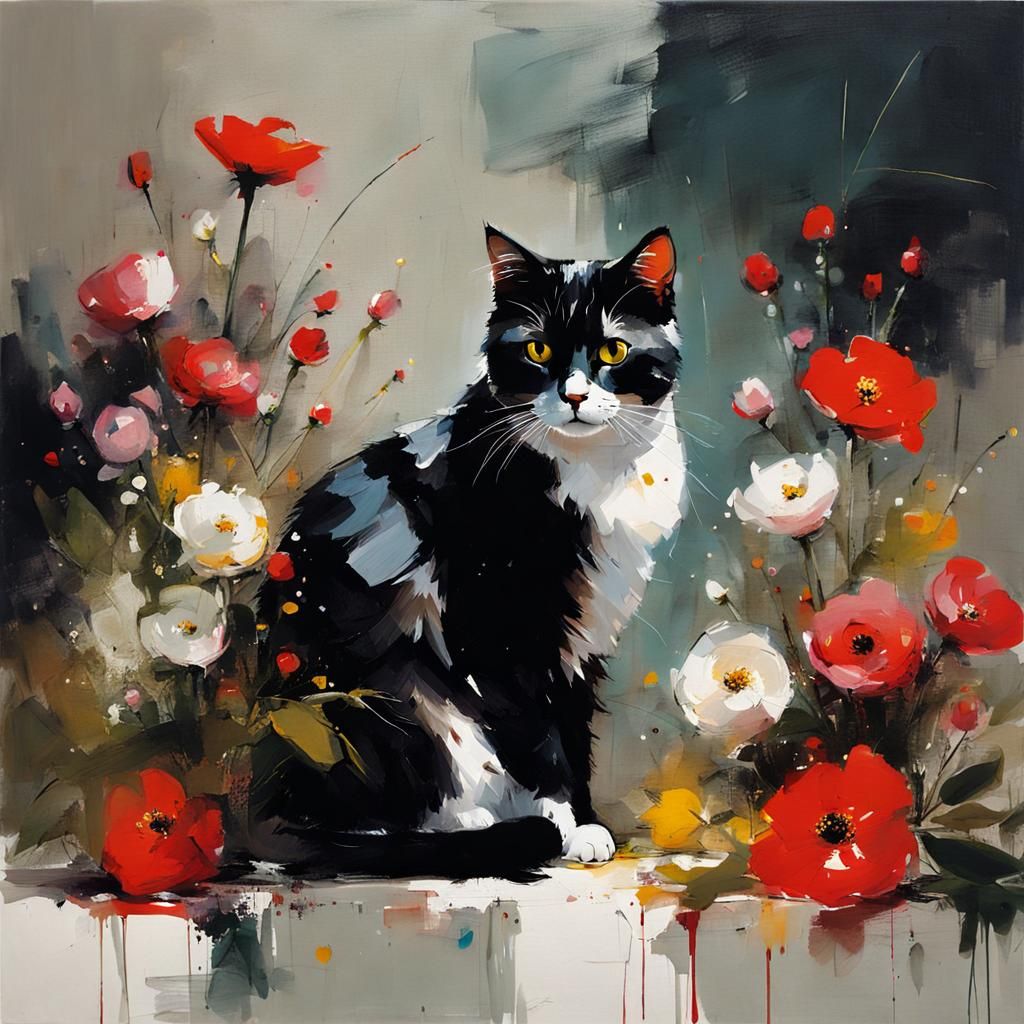 Cat on Pillow with Flowers: Expressive Brushwork Painting