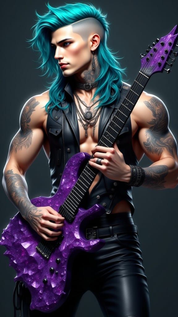 Muscular Tattooed Man with Blue Teal Mullet on Rock Magazine...