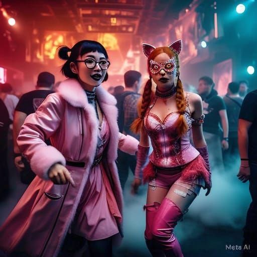 Ethereal Gothic Rave Scene in Vibrant Neon Colors