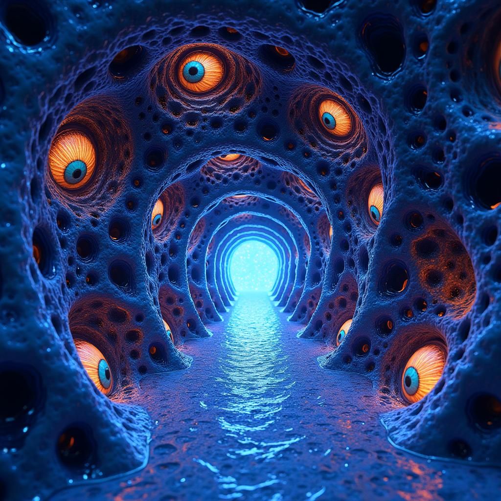 Indigo Fractal Tunnel with Dilated Eyes in 3D