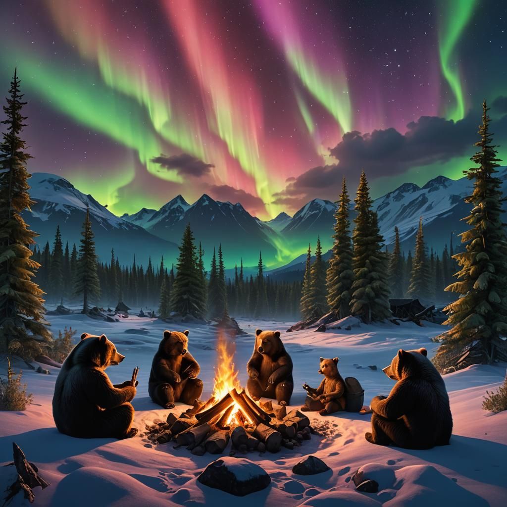 Bears Campfire Under Northern Lights, Matte Painting