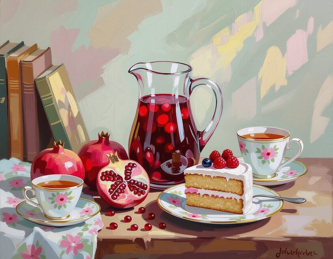 Impressionist Still Life: Pomegranate Juice and Cake Paintin...