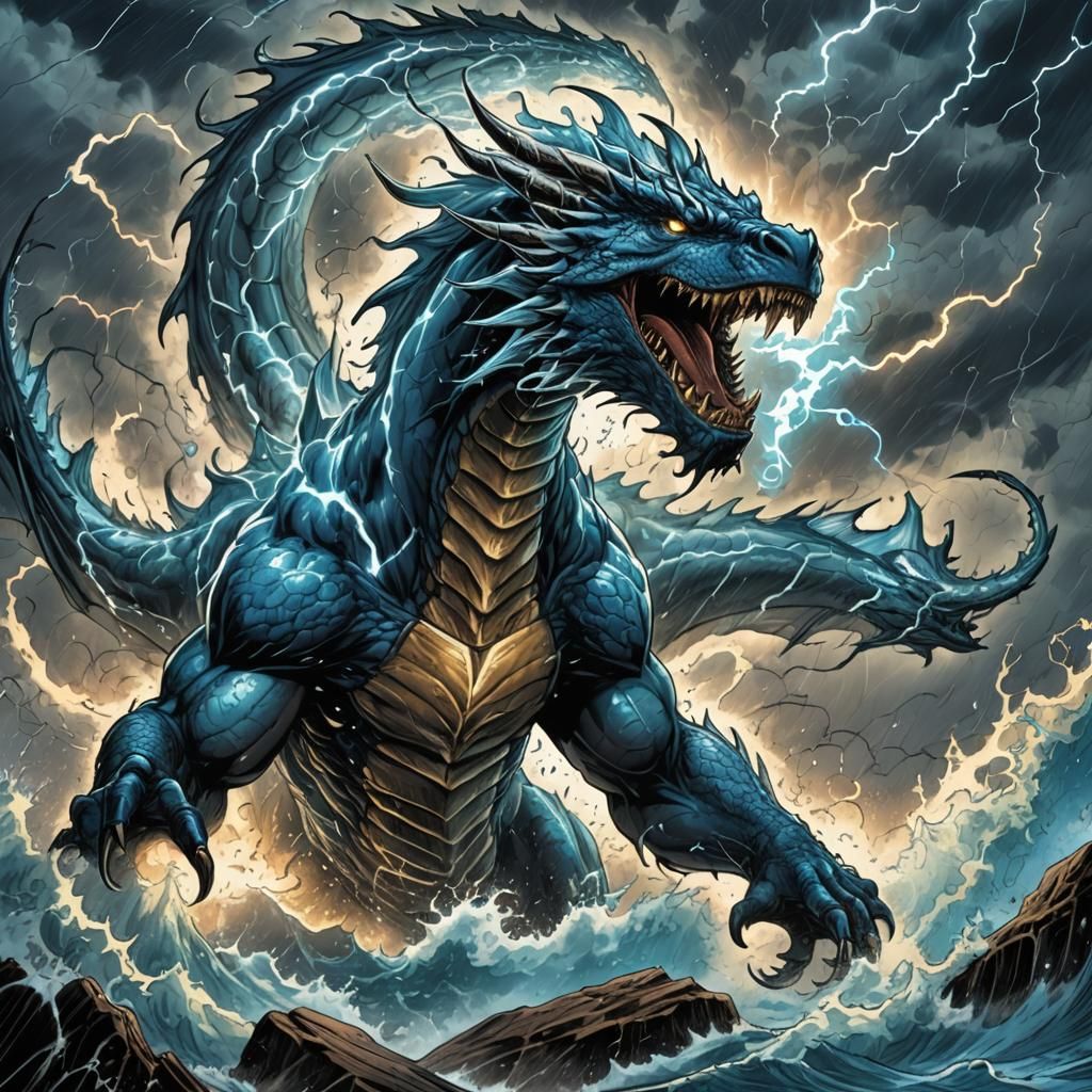 Blue Dragon Engulfed in Hurricane, Comic Book Art