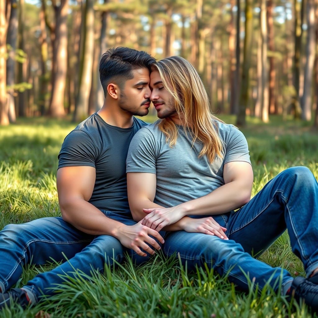 Handsome Men Cuddling in a Forest Clearing