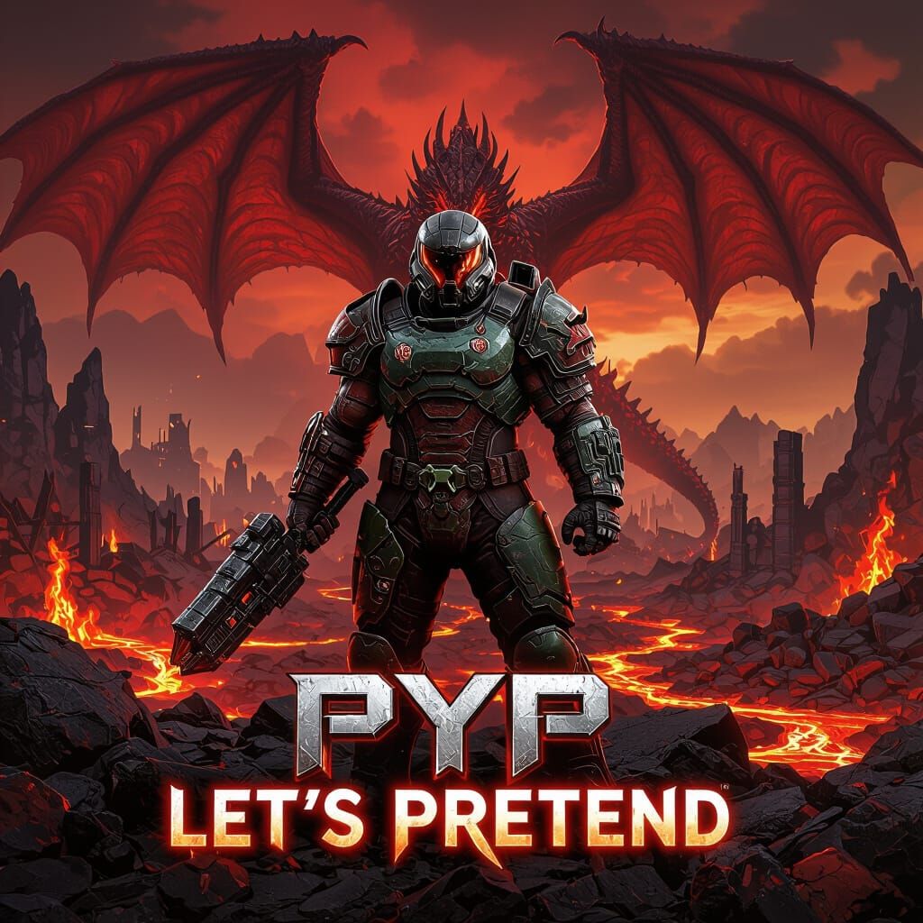 Doom Slayer in Hellish Landscape with Red Dragon