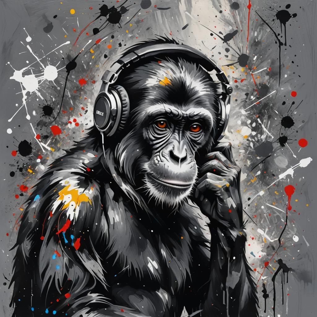 Monkey with Headphones: Gouache Impressionist Masterpiece