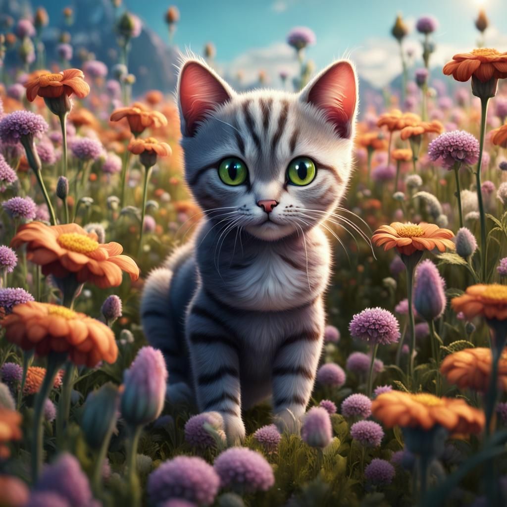 Six-Legged Cat in a Flower Field: Fantasy Art