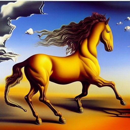 Surreal Black Horse Running: Dali-esque Oil Painting