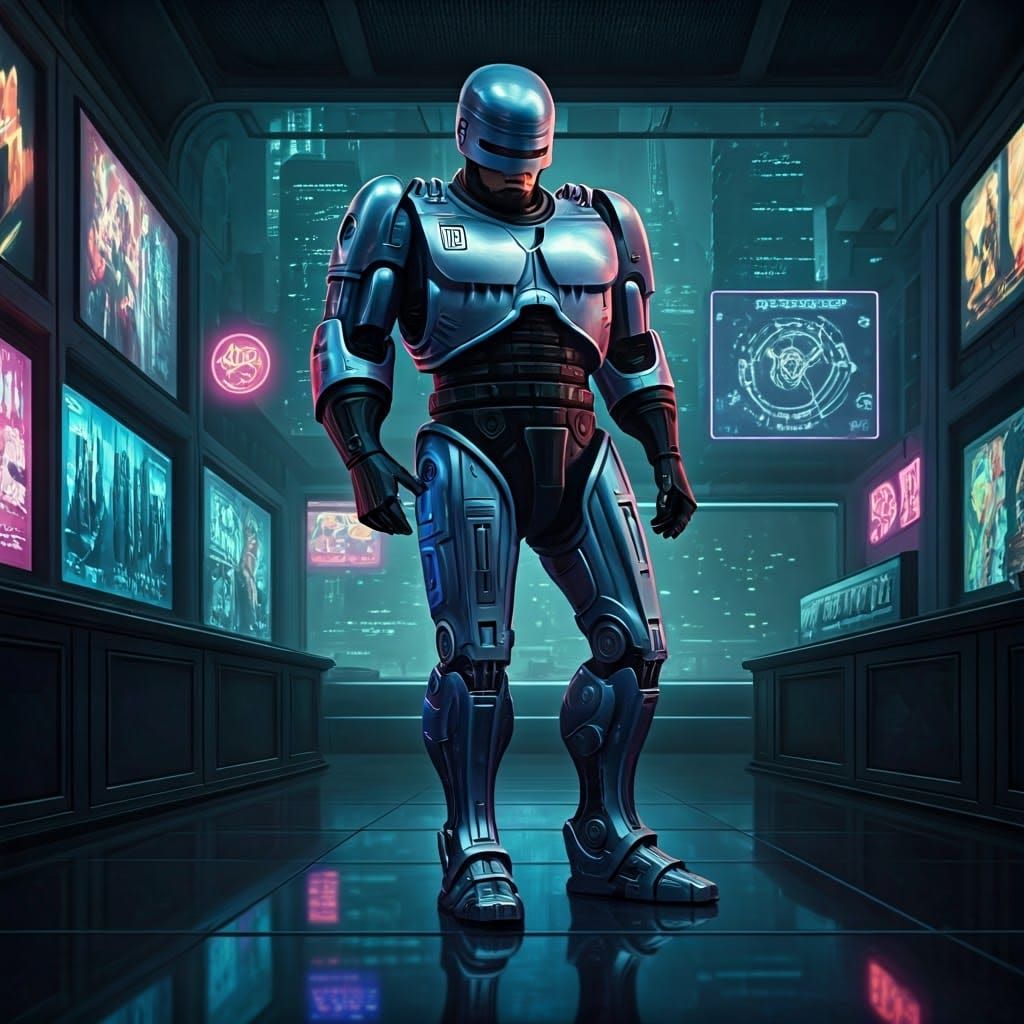 RoboCop in Cyberpunk Boutique Trying on Boots