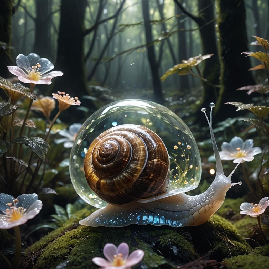 Translucent Glass Snail in Mystical Forest, Digital Art