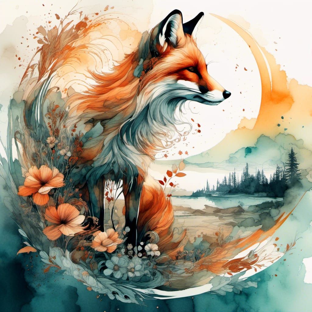 Fox in Double Exposure Watercolor Summerscape