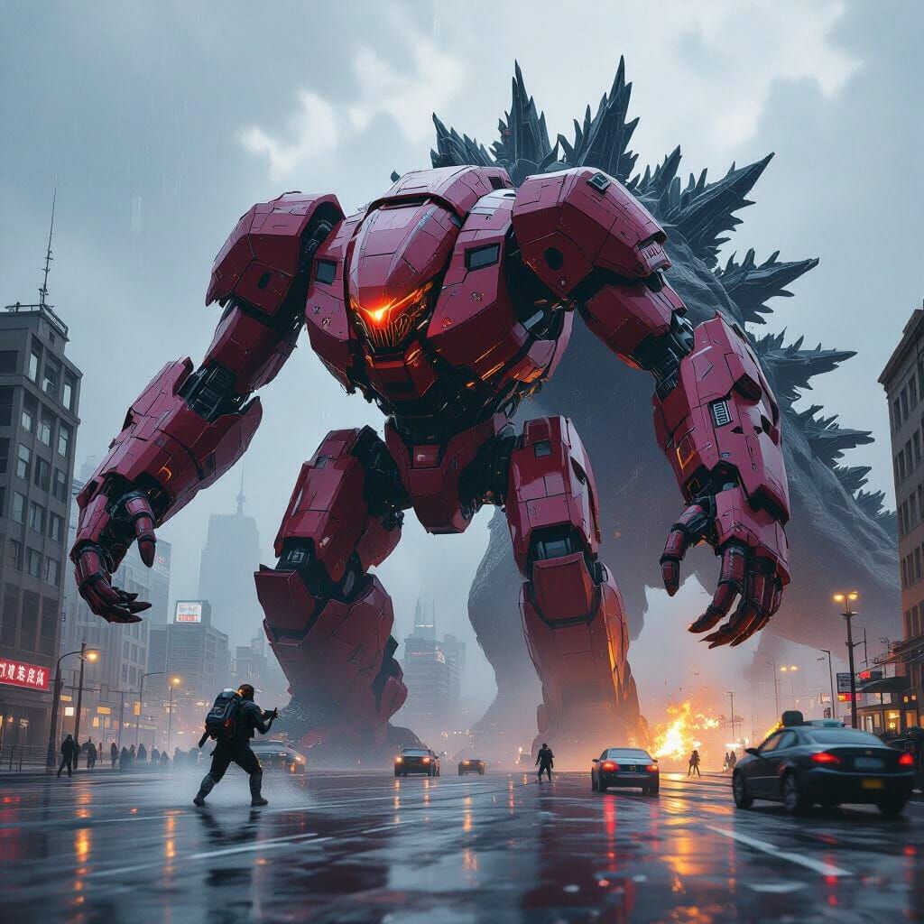 Massive Red Jaeger Battles Kaiju in City
