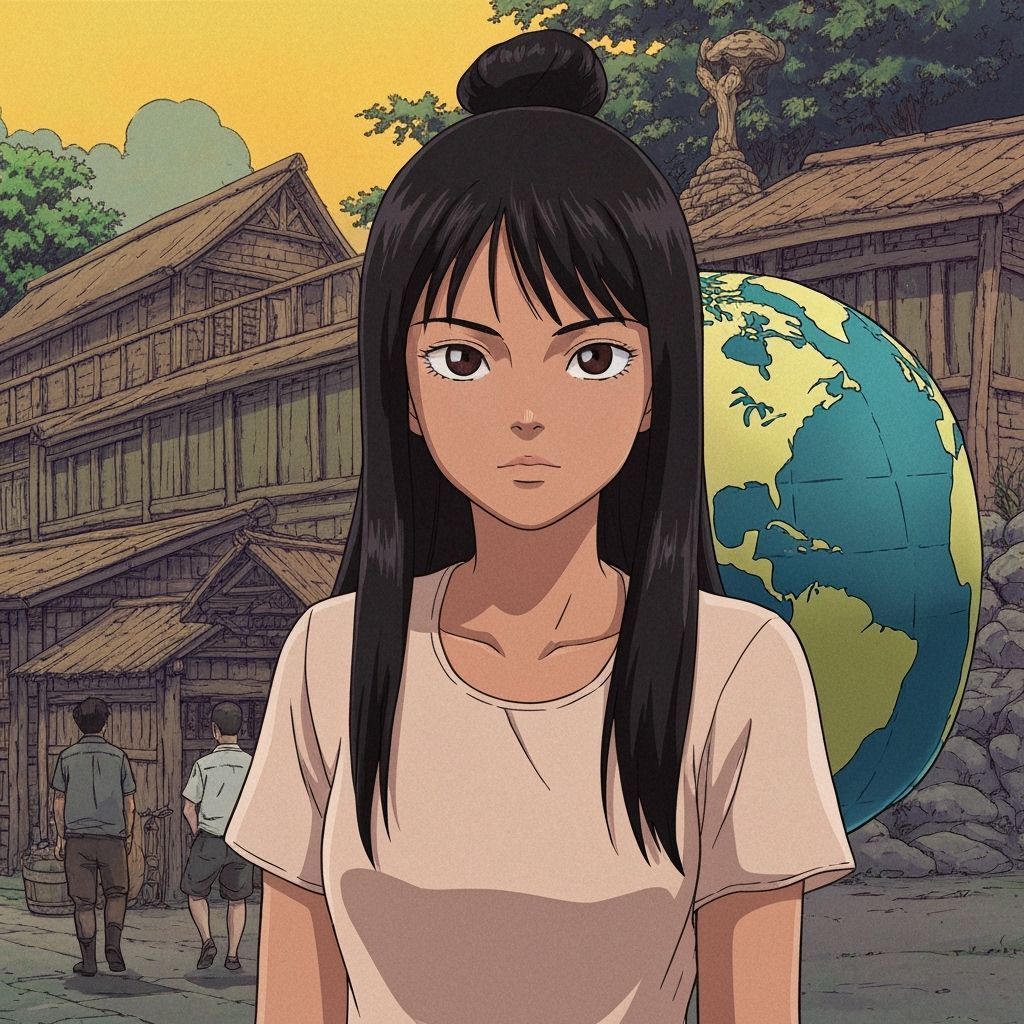 Filipina Holding Microphone with Flags in Miyazaki Style