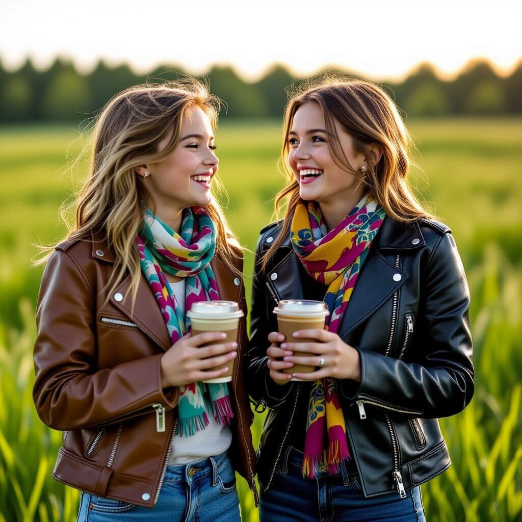 Girls Laughing in Field with Iced Coffee, Cinematic Film Sty...