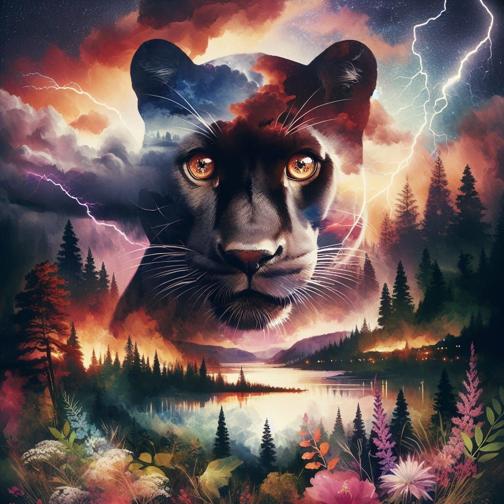 Panther Double Exposure in Romanticism Style