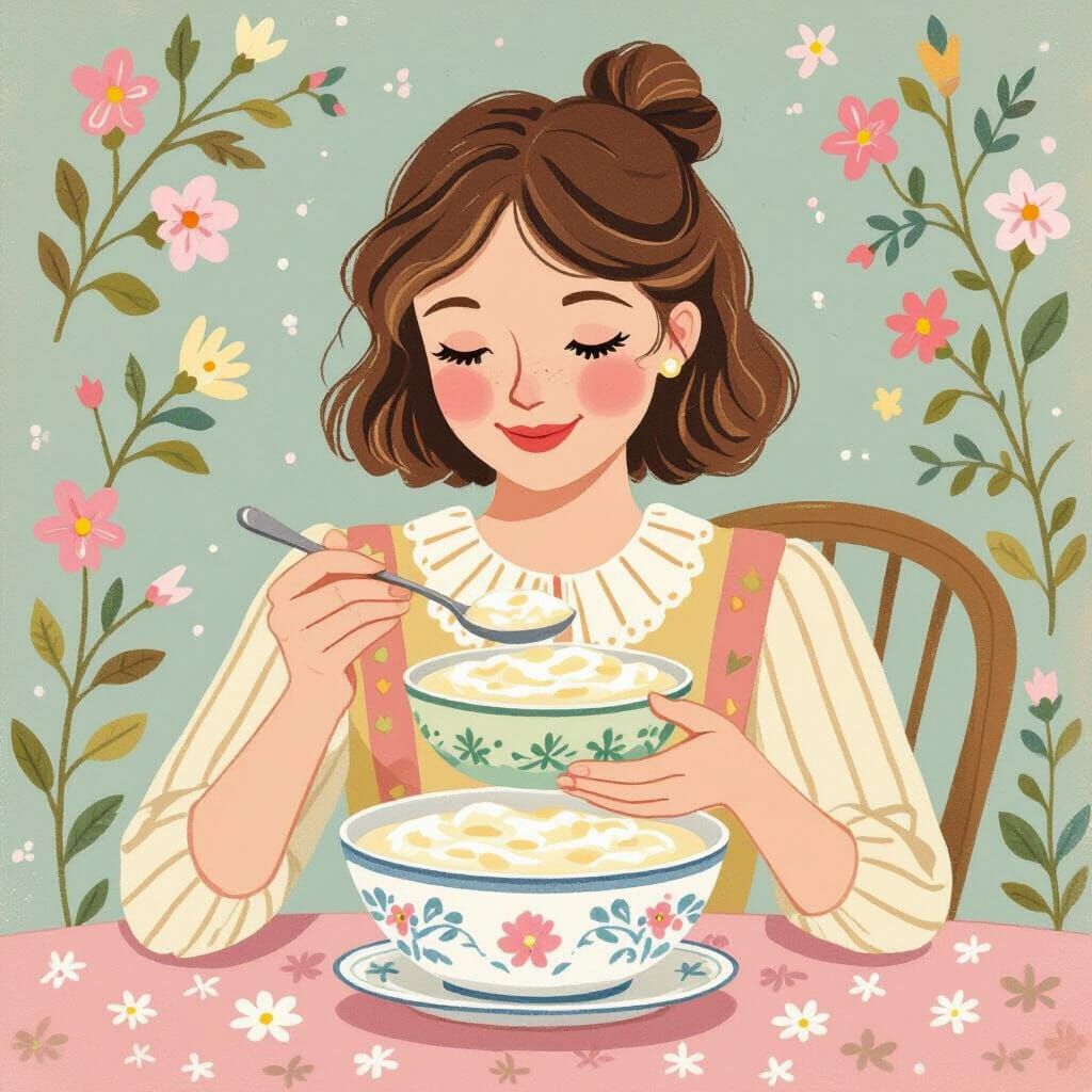 Woman Enjoys Tapioca Pudding in Beatrix Potter Style