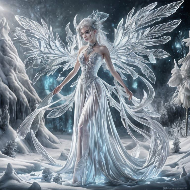 Ice Fairy Among Frosted Leaves and Icicles