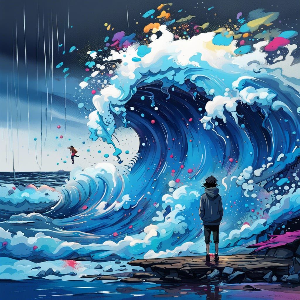 Anime Character in Indigo Ocean Rain, Graffiti Art