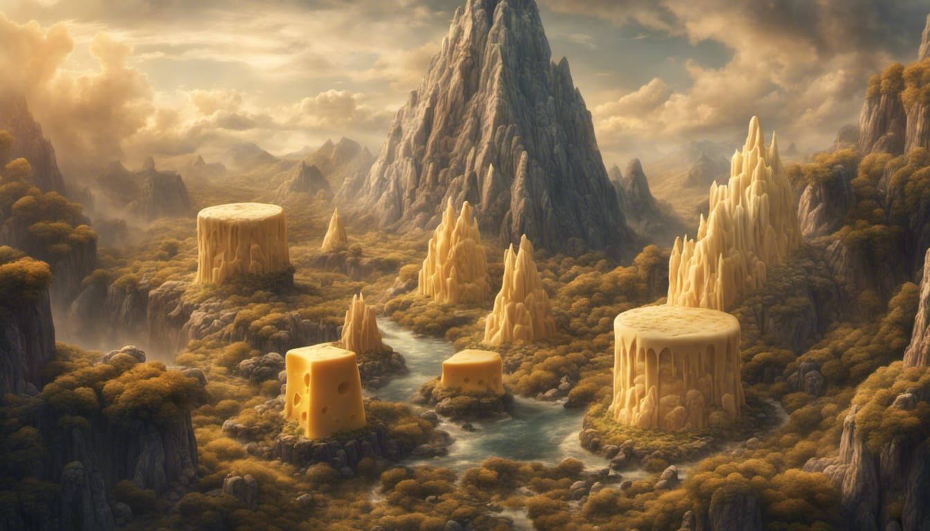 Cheese Mountains and Waterfalls in Dreamy Landscape