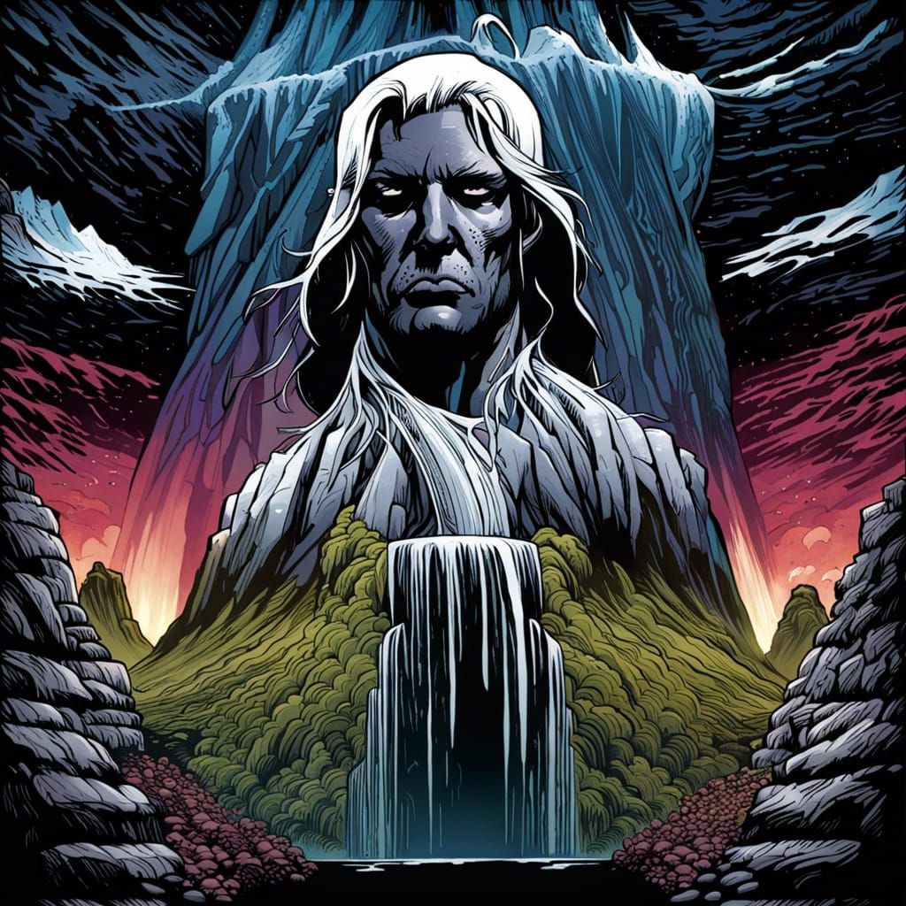 Waterfall and Mountains in Comic Book Art Style
