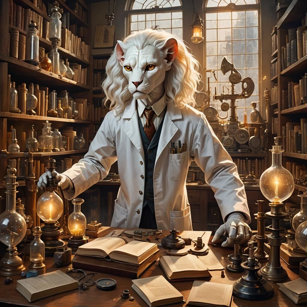 Bipedal Sphinx Alchemist in Laboratory, as Impasto Painting