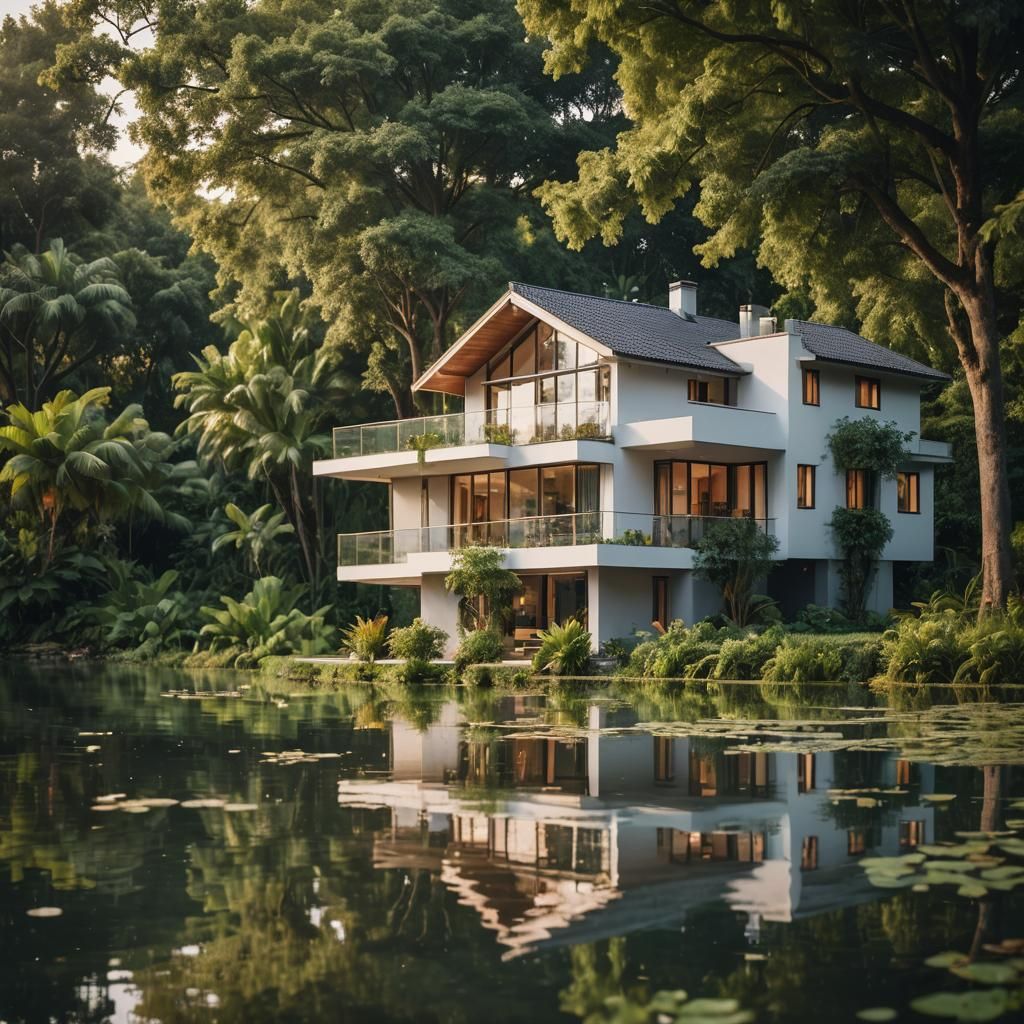 Ultra-Realistic One-Story House Surrounded by Water