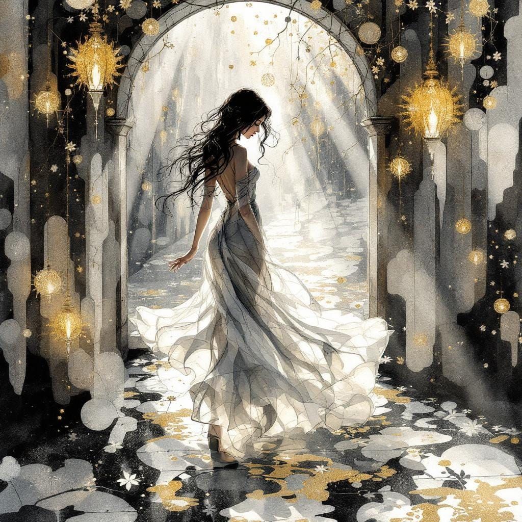 Luminous Figure in Sumi-e Art Nouveau Style