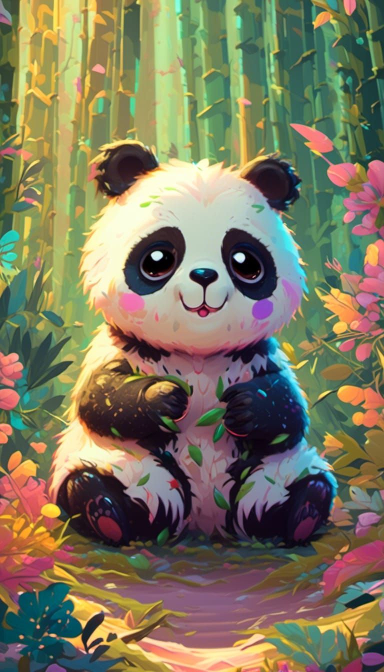 Big droopy eyes panda bear in sun drenched bamboo forest chibi colorful fantasy 3d cartoon <lora:Ultra Cute:1.0> fairyco...