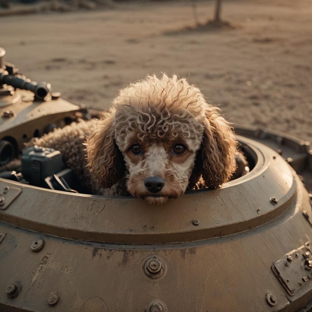 Poodle Commander on Miniature Tank in Sunset
