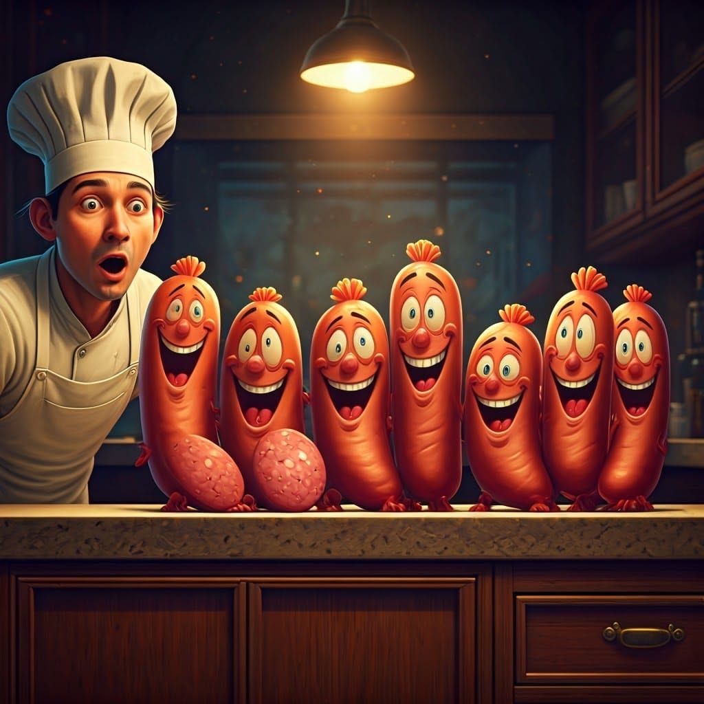 A group of laughing sausages with expressive cartoon faces, gathered together on a kitchen counter. A surprised chef wea...