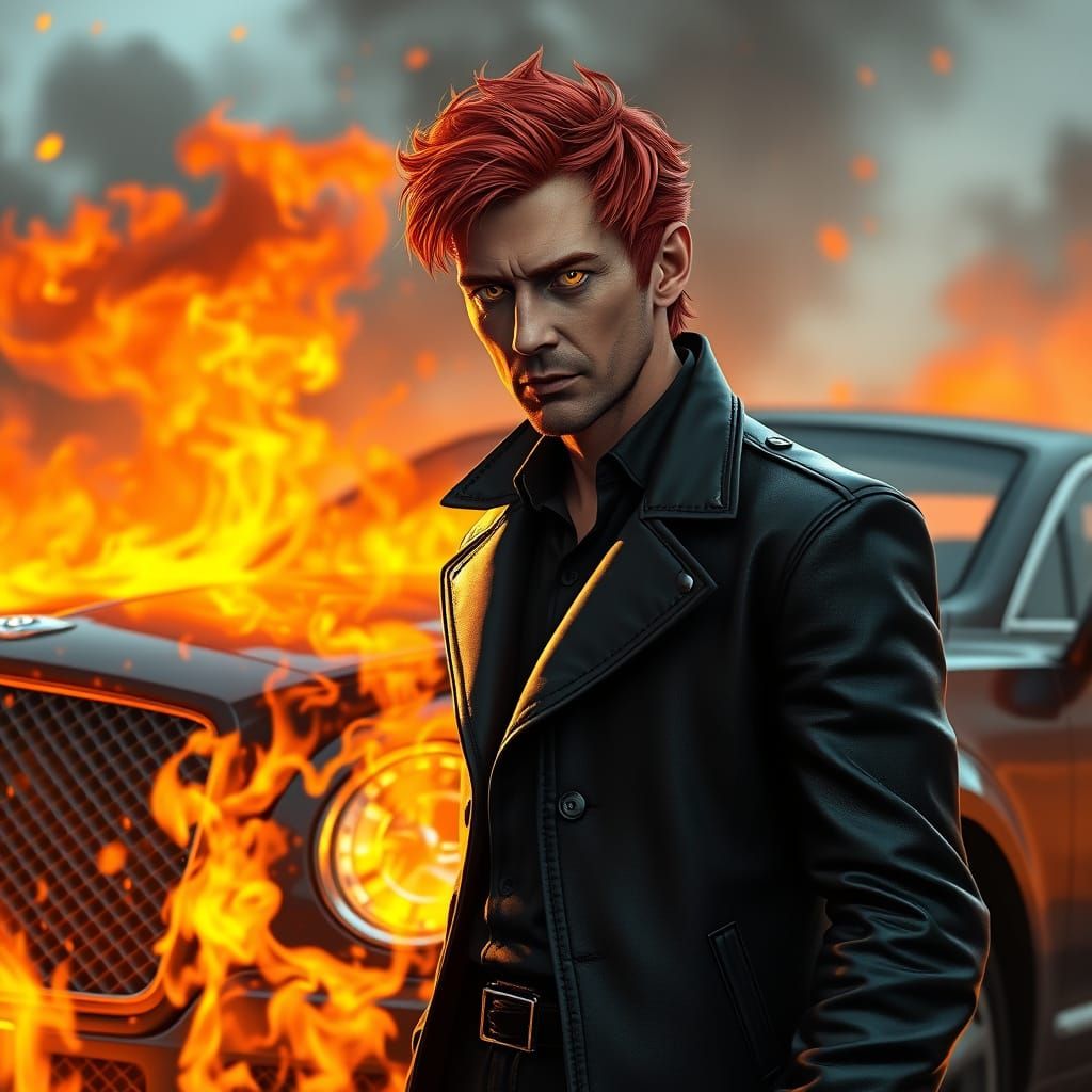David Tennant with Fiery Hair Beside Burning Car