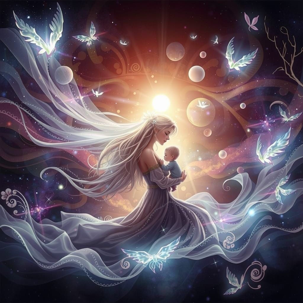 **„Magische Verbindung zwischen Mutter und Kind in einer traumhaften Fantasiewelt voller Licht und Schmetterlinge“**