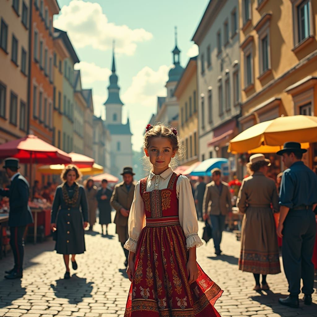 1910s Warsaw Scene with Young Woman in Traditional Dress