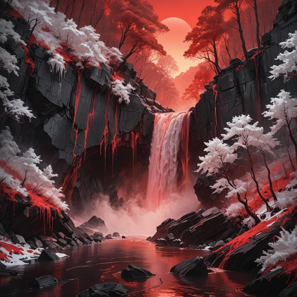 Hyperrealistic Red Waterfall Scene with Marble Cliff