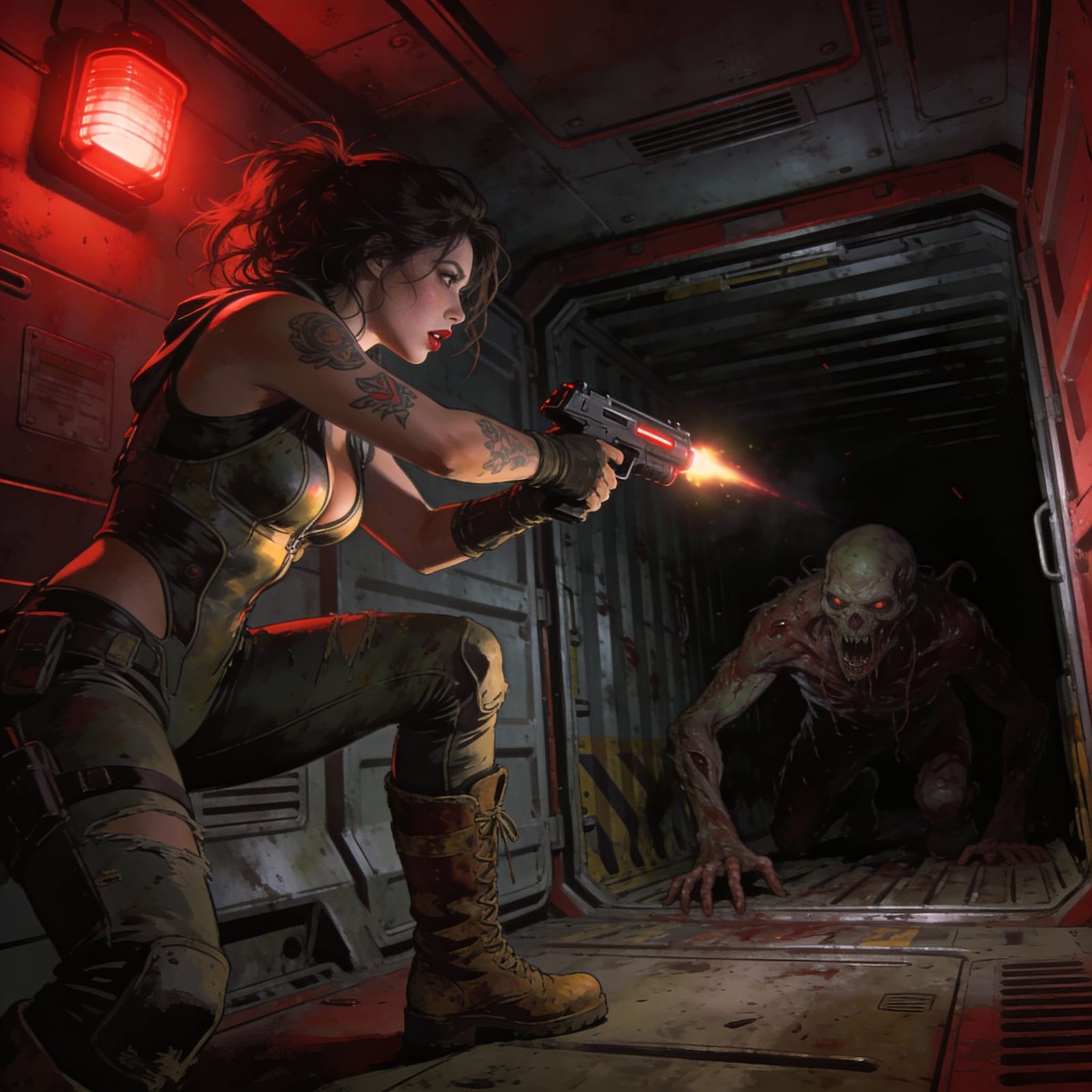Sci-Fi Heroine Aims Plasma Pistol at Alien