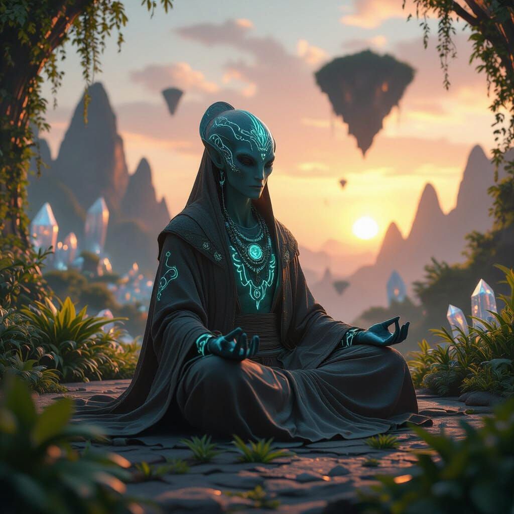 Alien Sage Meditating in an Otherworldly Garden