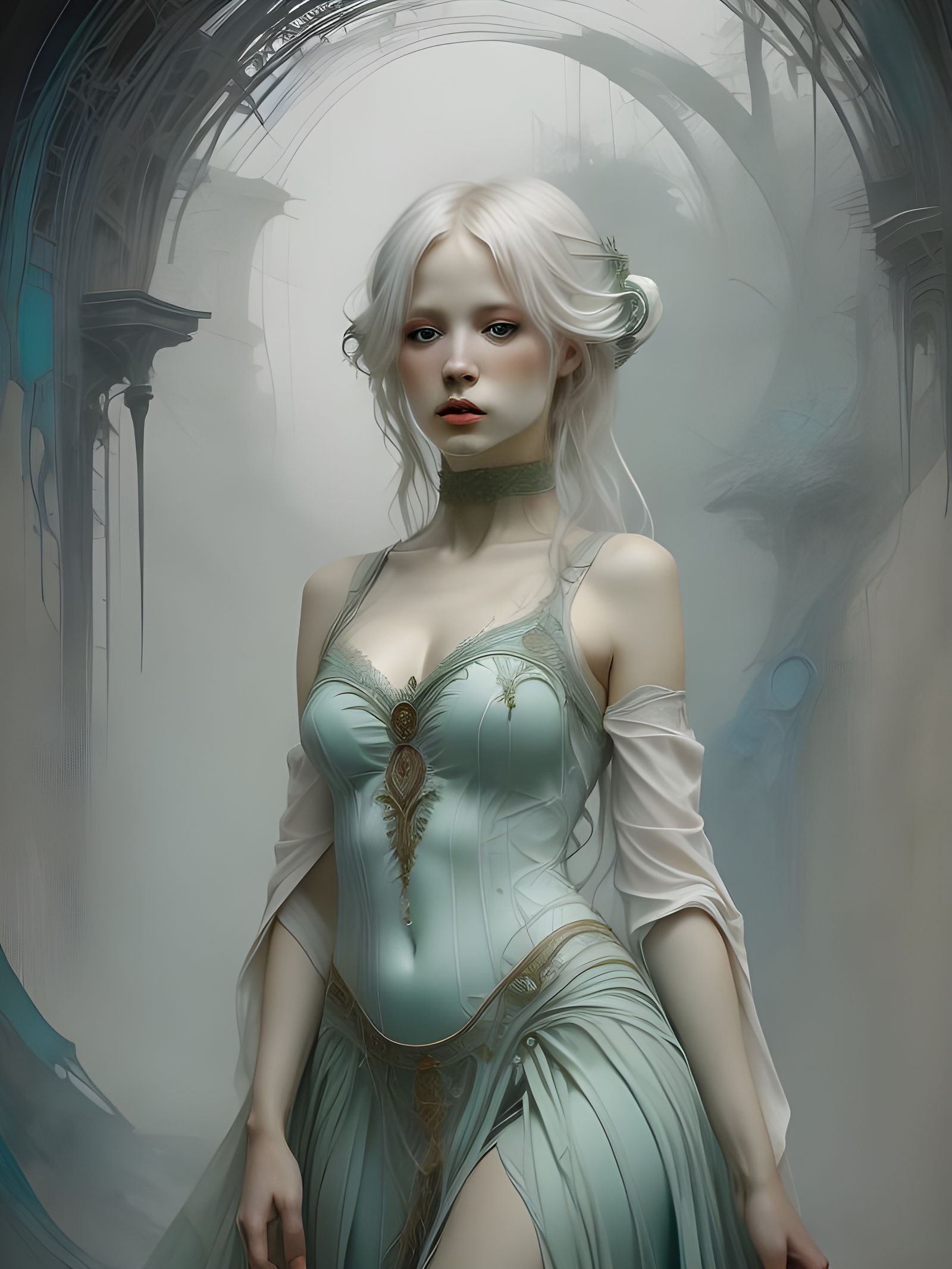 Albino Woman in Cerulean Blue, Dreamlike Portrait