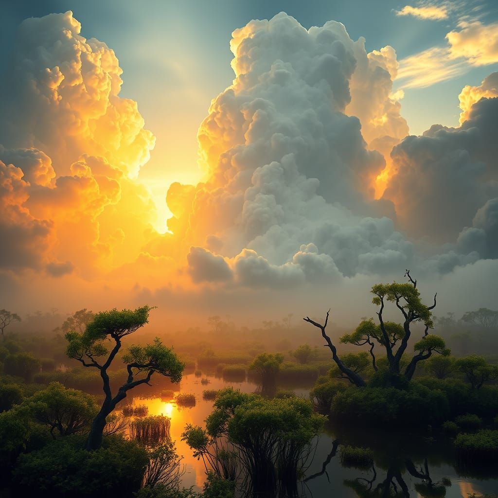 Majestic Cloud Stairway Rises to Sunrise, Amidst a Serene Bo...