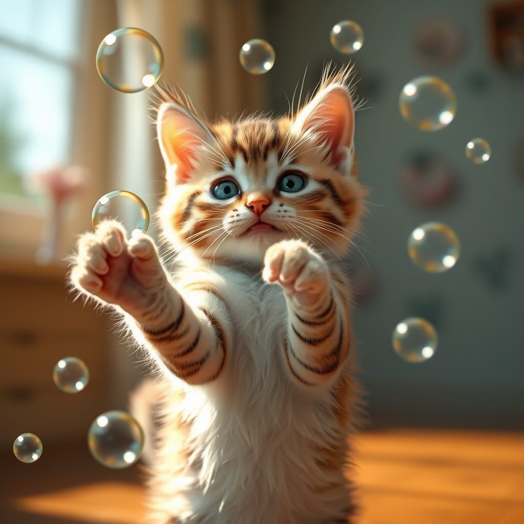 Hyperrealistic Kitten Playing with Soap Bubbles