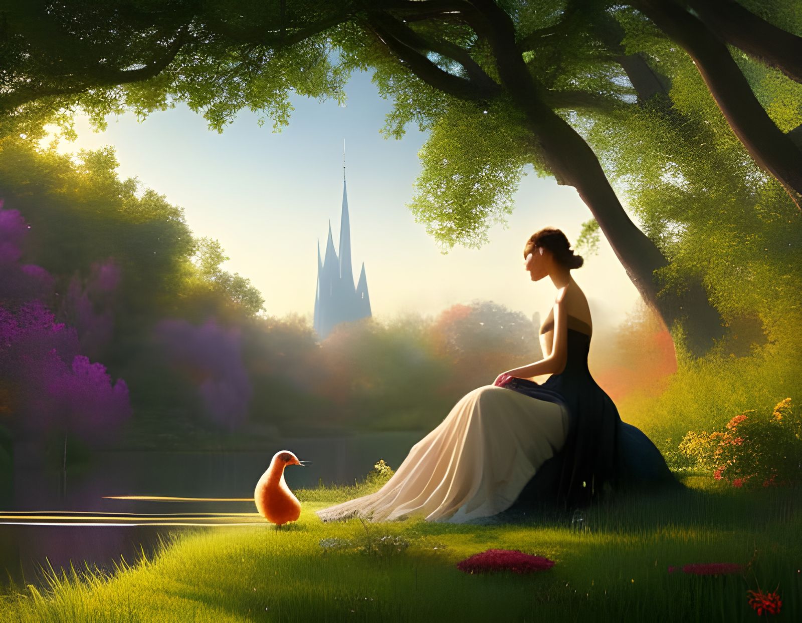 Black Swan Queen in Summer Meadow, Digital Art