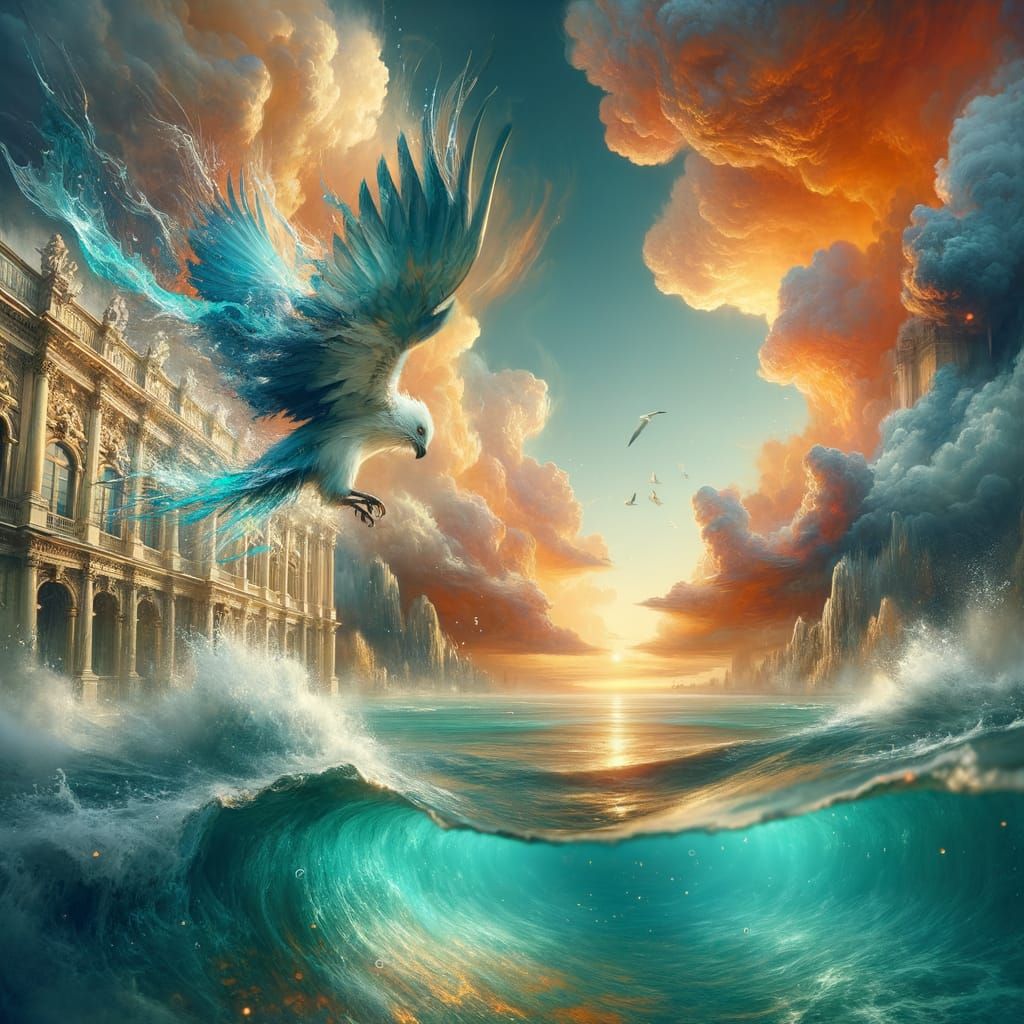 Bird's Dramatic Plunge: Rococo Architecture in Triadic Color...