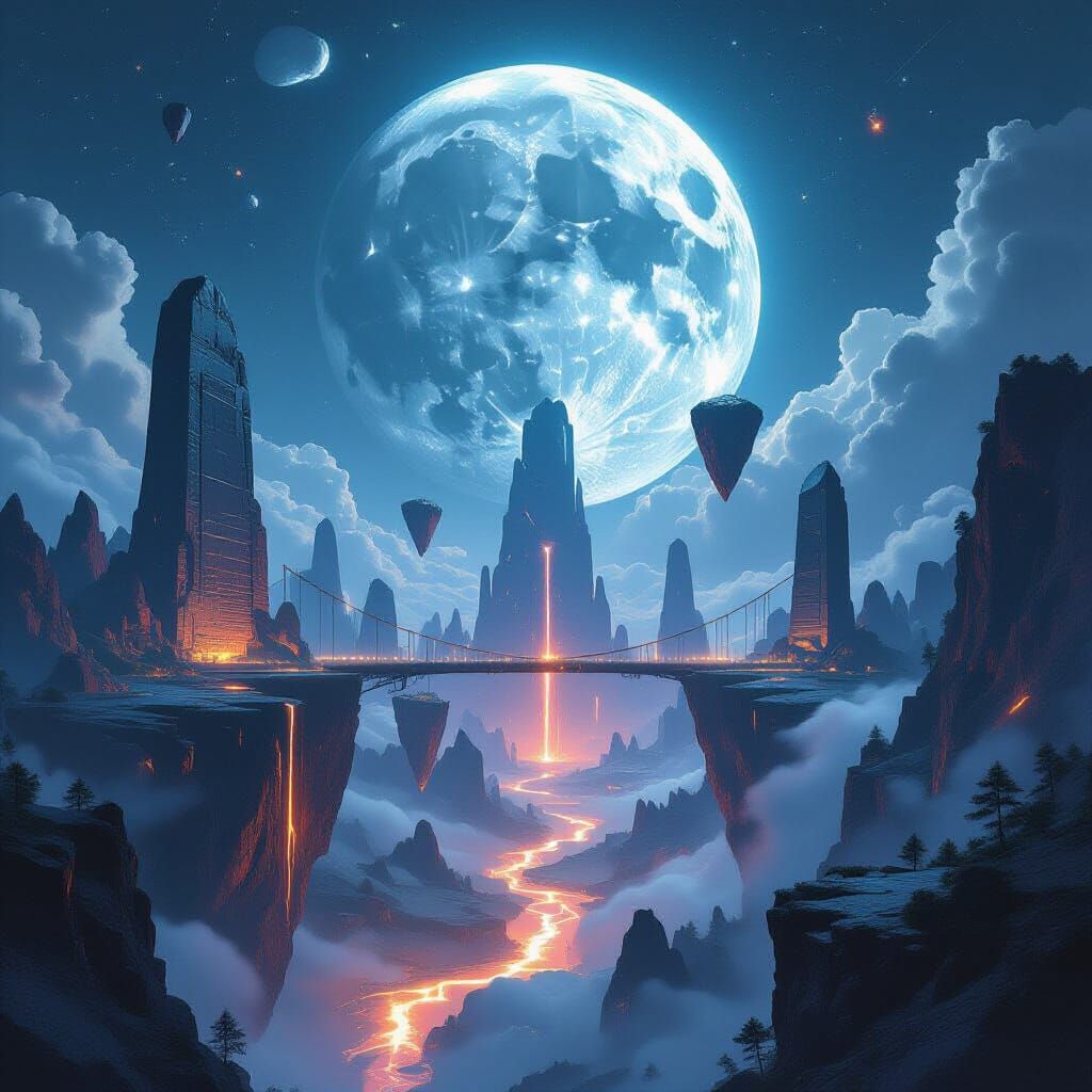 Fractured World with Floating Islands and Neon Lights