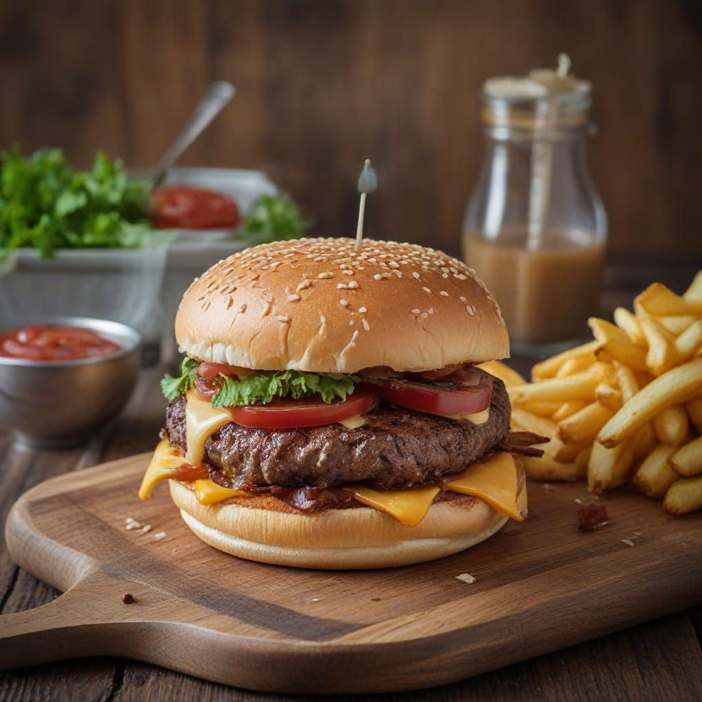 Gourmet Beef Burger with Crispy Bacon and Hand-Cut Fries