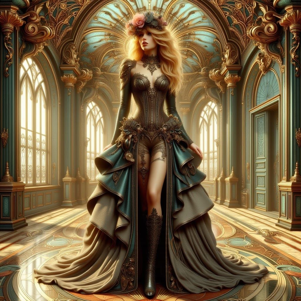 Elegant Punk Woman in Ornate Marble Hall