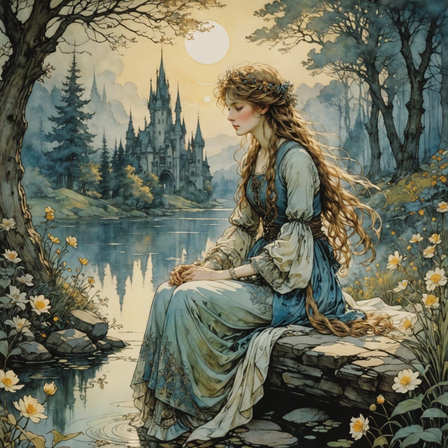 Fairytale Anime Girl Finding Inner Peace by Luminous Pond