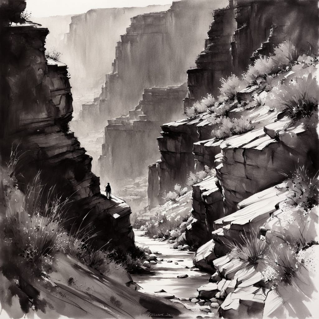 Grand Canyon Ink Drawing Landscape Portrait