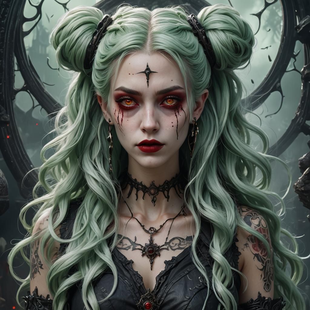 Gothic Sorceress with Green Hair, Fantasy Art