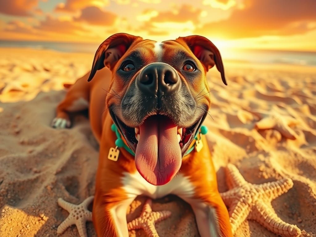 Joyful Boxer Dog on Sunny Beach in Mixed Media Style