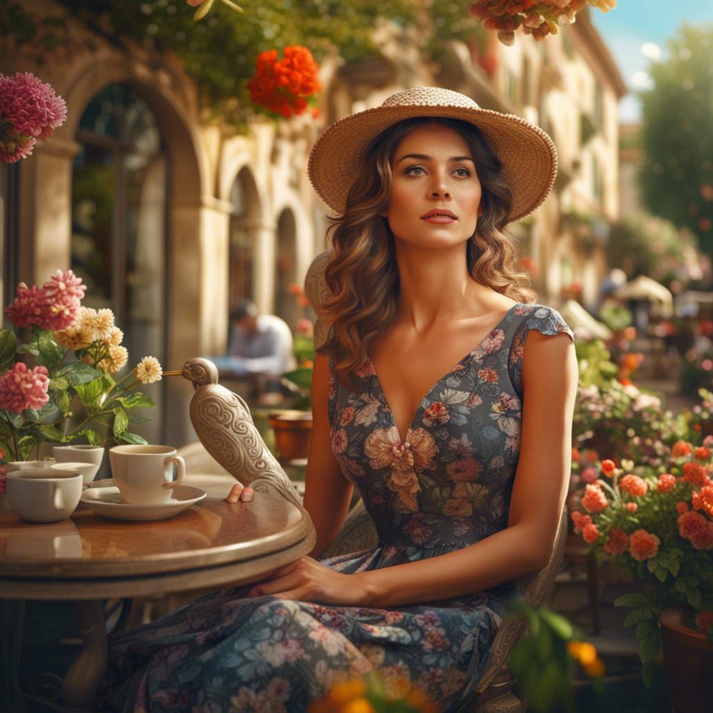 Italian Woman in Cafe Garden: Digital Painting